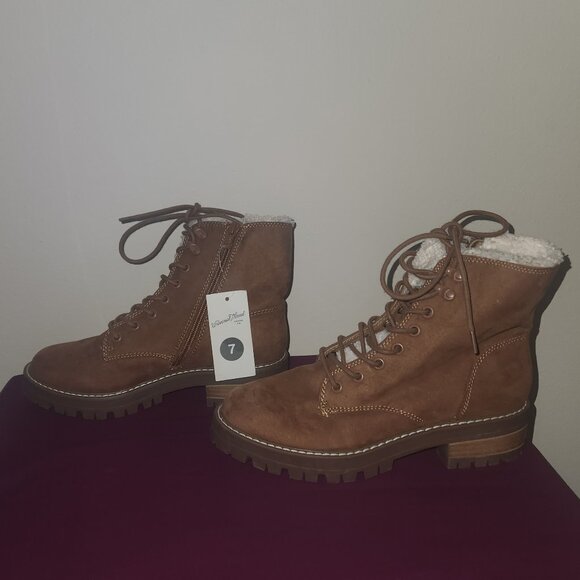Universal Thread Tessie Sherpa Hiking Boots Faux Suede Leather Cognac Size 7 - Picture 5 of 8